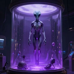 A comic book illustration of a giant slender alien floating in a cryochamber filled with purple liquid, cyberpunk, 3d, epic, dim volumetric lighting, gloomy, high exposure colors, ominous, 8k resolution, deviantart, cryengine, octane render, hd, by Alphonse Mucha, Artgerm- H 768