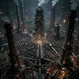 futuristic dystopian endless, intricate, complex, labyrinthine, byzantine, tangled, industrial megafactory complex, smokestacks, pipelines and ducts and vents, hard focus, steampunk, smoke, night, gloomy, dark, dramatic, cinematic, volumetric lighting, gods eye view