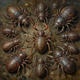 oil painting of disgusting varied filthy rugated arthropodia armored inachidae genus clustered by vincente b ballestar, by francesco blanc, high resolution, hyper detailed, intricate details, atomic, cinematic, panorama,
