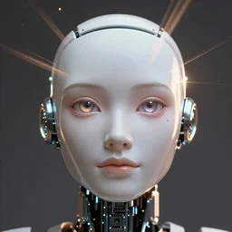a magical robot head, artificial intelligence, highly detailed, digital painting, smooth, sharp, beafutiful face, expressive eyes, rays of light, particles light, award winning art by noah bradely