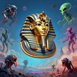 tutankhamon mask flying in the sky ; humans being devoured ; aliens, robotic machines, gods, bio - mechanical intelligences, glitch creatures, dmt entity ; lsd art, trending on artstation, style greg rutkowski