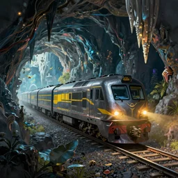 cyberpunk locomotive on railroad through beautiful fantasy cavern underground cave landscape. digital render. digital painting. stalactites. stalagmites. beeple. noah bradley. cyril roland. ross tran. trending on artstation.