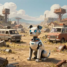 robot dog sat in front of a junker village. post apocalyptic landscape. trending on artstation.