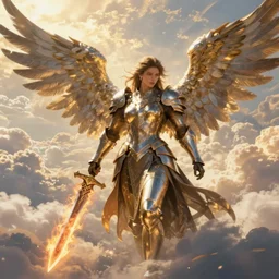 A beautiful and fierce angel with wings, wearing metal battle armor and a flaming sword, among heavenly sunlit clouds, intricate, elegant, detailed, digital painting, golden hour photography, medium shot, trending on artstation, concept art, smooth, sharp focus, illustration, art by artgerm and Greg Rutkowski and Alphonse Mucha
