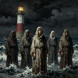 worshippers in tattered robes belonging to the cult of the lighthouse standing in waves, a lighthouse, high detailed beksinski painting, part by adrian ghenie and gerhard richter. art by takato yamamoto. masterpiece, dark and moody, deep colours,