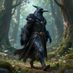 half human half raven full body wizard walking in old forest, unreal engine, digital, artstation, detailed body, heavenly atmosphere, digital art, overdetailed art, trending on artstation, cgstudio, the most beautiful image ever created, dramatic, award winning artwork, beautiful scenery