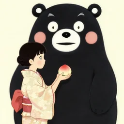 portrait of a girl wearing a kimono gives a peach to a large anthropomorphic asian black bear, in the style of charles angrand