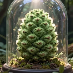 matte painting of the oversized light green fluffy pinecone, big, in frame, in focus! found in a glass dome in an abandoned jungle temple. detailed concept art by stephan martiniere, hayao miyazaki, jorge jacinto. volumetric lighting, god rays, spot light on the pinecone, atmospheric, mysterious, sense of awe. trending on behance
