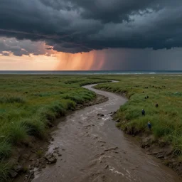 muddy river leads to sea by hiroshi yoshida, marc simonetti, roger deakins, turner, rothko, hyperrealism, cinematic, grassland, dramatic storm synthwave sunset, matte painting, fluid simulation, tonalism, volumetric light, trending on artstation, cgsociety, high detail concept art, top view, rendered in octane