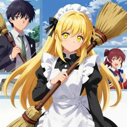 pixiv artwork portrait of marisa kirisame from touhou project, marisa kirisame touhou artwork by greg rutkowski makoto shinkai key art kyoto animation 4 k 8 k ultrahd trending award winning black hat broom blonde hair finely detailed yellow eyes maid dress white apron