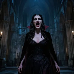 elisha cuthbert as a vampire menacingly opening her mouth in a gloomy gothic cathedral at night