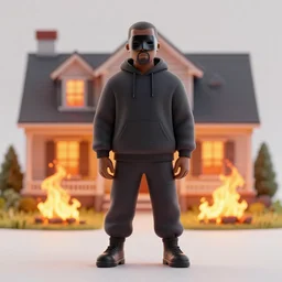 a masked kanye west standing in front of a house on fire, digital art, 4 - dimensional, 8 k, ultra - hd, weak, muted, split lighting, optics, fire, burn, inferno, by weta digital, by yoshitaka amano