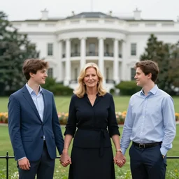 thirtyfive year old blonde female president, in the white houes rose garden, holding hands with her two younger boyfriends, professional photo, dslr, bokeh