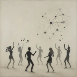 minimalistic, dust evolving into complex neural networks. party, party happy dancing characters,, music ( ( ( sun ) ) ), stunning, award - winning masterpiece by marc simonetti, by moebius and basquiat, oil on canvas