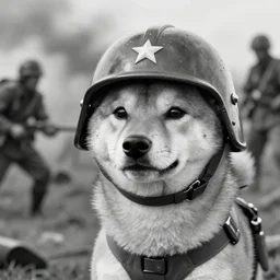 close up of a shiba inu wearing soldier helmet in the battle, ww 2 historical photography, black & white photo
