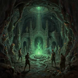 key shot of ancient underground dungeon, gloomhaven, organic painting, hard edges, luminescent, octane render, by greg manchess, huang guangjian, greg rutkowski, jesper ejsing, rhads, cushart krenz, anton fadeev