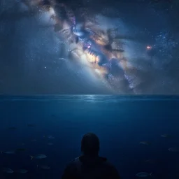point of view of deep in the ocean looking up, you see fishes, higher up you see the splendorous milk way illuminating the sea. highly detailed painting by gaston bussiere, greg rutkowski 8 k