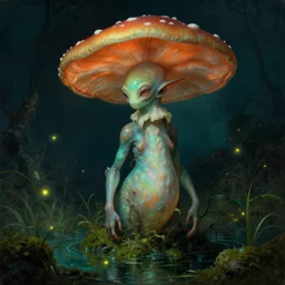 a close - up rococo portrait of a futuristic iridescent mushroom alien elf - like creature standing in water, moss, and swamp. fireflies night time. rich teal and orange colors, high contrast. gloomy, highly detailed 1 8 th century sci - fi fantasy masterpiece painting by jean - honore fragonard, moebius, and johfra bosschart. artstation