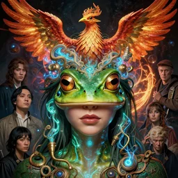 beautiful frog face comic con woman, intricate lights, phoenix, bio luminescent, plasma, by ruan jia and artgerm and range murata and wlop and ross tran and william - adolphe bouguereau and beeple. key art. fantasy illustration. award winning, artstation, intricate details, realistic, hyperdetailed, 8 k resolution.