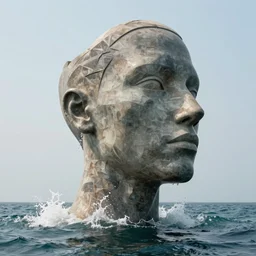 a giant abstract sculpture of a human head on the ocean water, in the style of chad knight, award winning, cinematic, hyper - realistic, very detailed, realistic water splashes, ray tracing, 8 k resolution, long - shot, sharp focus, low angle, 8 5 mm photograph, wide lens