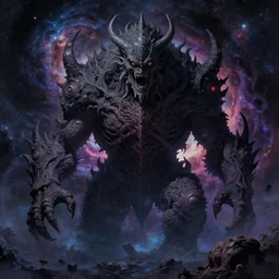 an incomprehensibly large monster looming over a galaxy, studio ghibli, digital art, detailed, intricate, ominous, dark, abyss, hellish, nebula, astral