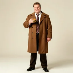 full length shot : : clean - shaven smiling white chubby italian american man in his 4 0 s wearing a brown long overcoat overcoat overcoat overcoat and necktie and black shoes shoes shoes holding a burger, 2 0 0 6 advertising promo shot