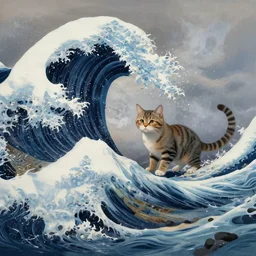 giant tsunami wave with a cat of the same size, digital painting, epic composition, highly detailed, 8 k