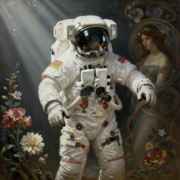 painting, the embodiment of fragility, flowers, light beams, unsure, concerned, cinematic lighting, astronaut, extremely detailed, sharp focus, by jordan grimmer and artgerm and greg rutkowski and alphonse mucha and maya takamura and bouguereau, intricate, beautiful, trending on artstation, pixiv