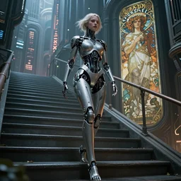 ultra realistic, beautiful female cyborg walking down stairs, in a space metropolis, sci-fi, intricate details, eerie, highly detailed, octane render, 8k, art by artgerm and alphonse mucha and moebius