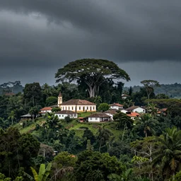 a small italian village on a hill, in the midst of the amazon forest. italian architecture, huge tropical trees, dark, atmospheric, stormy weather, gustave dore 1 8 6 5