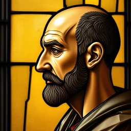 side - view portrait of a 4 5 year old middle eastern man, bald, stubble, 1 0 th century stained glass window, very masterful