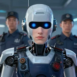 close - up portrait of robot policemen from thx 1 1 3 8, by ilya kuvshinov, by thomas lawrence, by bayard wu, trending on artstation, masterpiece