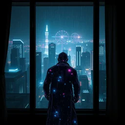 one cyber godly person made of cosmic nebula galaxy energy watching a rainy colorful complex cyberpunk futuristic holographic city from behind at night through a window in a room, akira, reflections, 8 k, photorealistic, concept art, wet, highly detailed, cinematic mood by ridley scott, ghost in the shell, trending on artstation, glowing and epic
