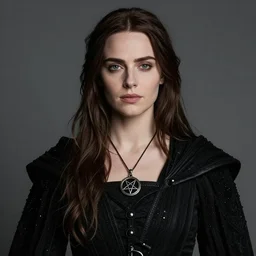a portrait of eva green as yennefer from the witcher with black robes and necklace with pentagram pendant by paul barson and annie leibovitz, photorealistic, f 1. 8, soft lightning, high detail, 8 k