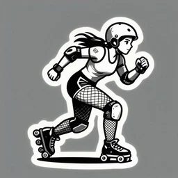 logo design, roller derby girl sprinting Cross-Over, full length portrait, fishnet tights, torn, ripped, fists in the air, illustration by Eduardo Risso