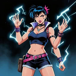 a female mutant punk / raver using her mutant electrical powers in the style of vintage comic books in the style of manga trending on artstation deviantart pinterest hyper detailed photorealistic highlights and shadow hd 8 k post - processing high resolution in color
