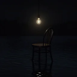 a single chair under a lightbulb, black water lake, artstation, surreal, black void, claustrophobic, by rembrandt, chiaroscuro