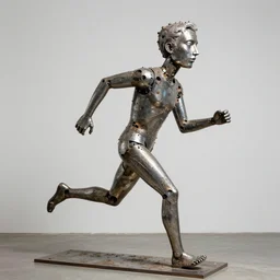 a contemporary art sculpture of a tall man running with long arm and a big head, metal, thick paint, intricate, dirty, leds, indoor, studio lighting, hyper realistic, detailed, 8 k