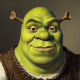 The duke Shrek, Face portrait, crisp face, artwork by Georges de La Tour