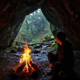 im sitting in a dark cave, it's raining outside, there is a fire keeping me warm, detailed, photograph, natural lighting