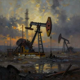 industrial devastation abandoned factories oil field post - apocalyptic dusk wasteland irradiated contaminated, oil painting beksinski, sci - fi wallpaper digital art