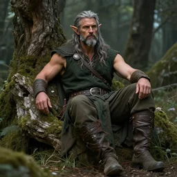 a relaxed half elf middle aged druid in a sleeveless west, strong, full body, 8 k, hyperrealistic,, hyperdetailed, fantasy portrait by laura sava