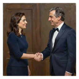 an oil painting of jacinda ardern shaking hands with danny devito.
