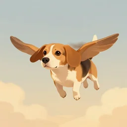 a beagle flying in the sky using it's ears as wings, warm colors, cute