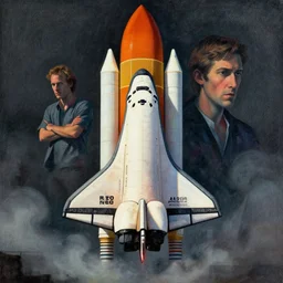portrait of the ( ( space shuttle ) ), colorful, modern art deco, mads berg, karolis strautniekas, christopher balaskas, stippled light, moody, fine texture, editorial illustration, dramatic lighting, dynamic composition, detailed, matte print, dynamic perspective, muted color, ( ( victo ngai ) ), low fog