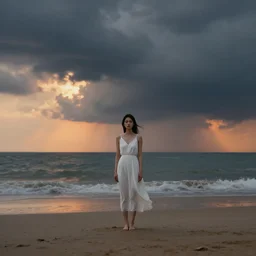 a beautiful asian woman with white dress standing lonely on the beach, stormy landscape by malczewski, landscape by jakub rozalski, surreal photography, sunset, dramatic light, digital painting, artstation, simon stalenha, greg rutkowski,