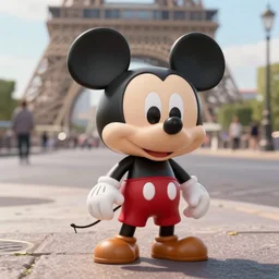 a life-sized talking uncanny valley funko pop of mickey mouse, wandering in the streets of Paris high quality very detailed with shadows 4k
