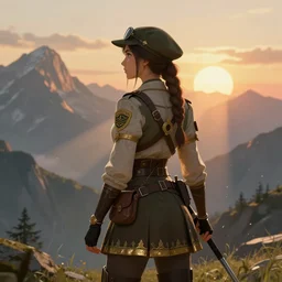 a female ranger going to adventure, fantasy, rpg, ornate, detailed outfit, back view, beautiful, atmosphere, vibe, muntains, sunrise, concept art illustration, color page, tone mapping, james jean, andrei riabovitchev, marc simonetti, yoshitaka amano, digital illustration, greg rutowski, volumetric lighting, sunbeams, particles