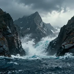 cinematic still of mountains rising from the oceans, waves dividing as land emerges, storm, energy, miracle, dramatic angles, from Biblical epic by Steven Spielberg