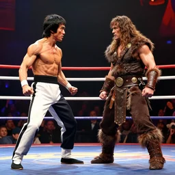 on a mortal kombat video game battle stage, bruce lee stands off against arnold schwarzenegger dressed as conan the barbarian